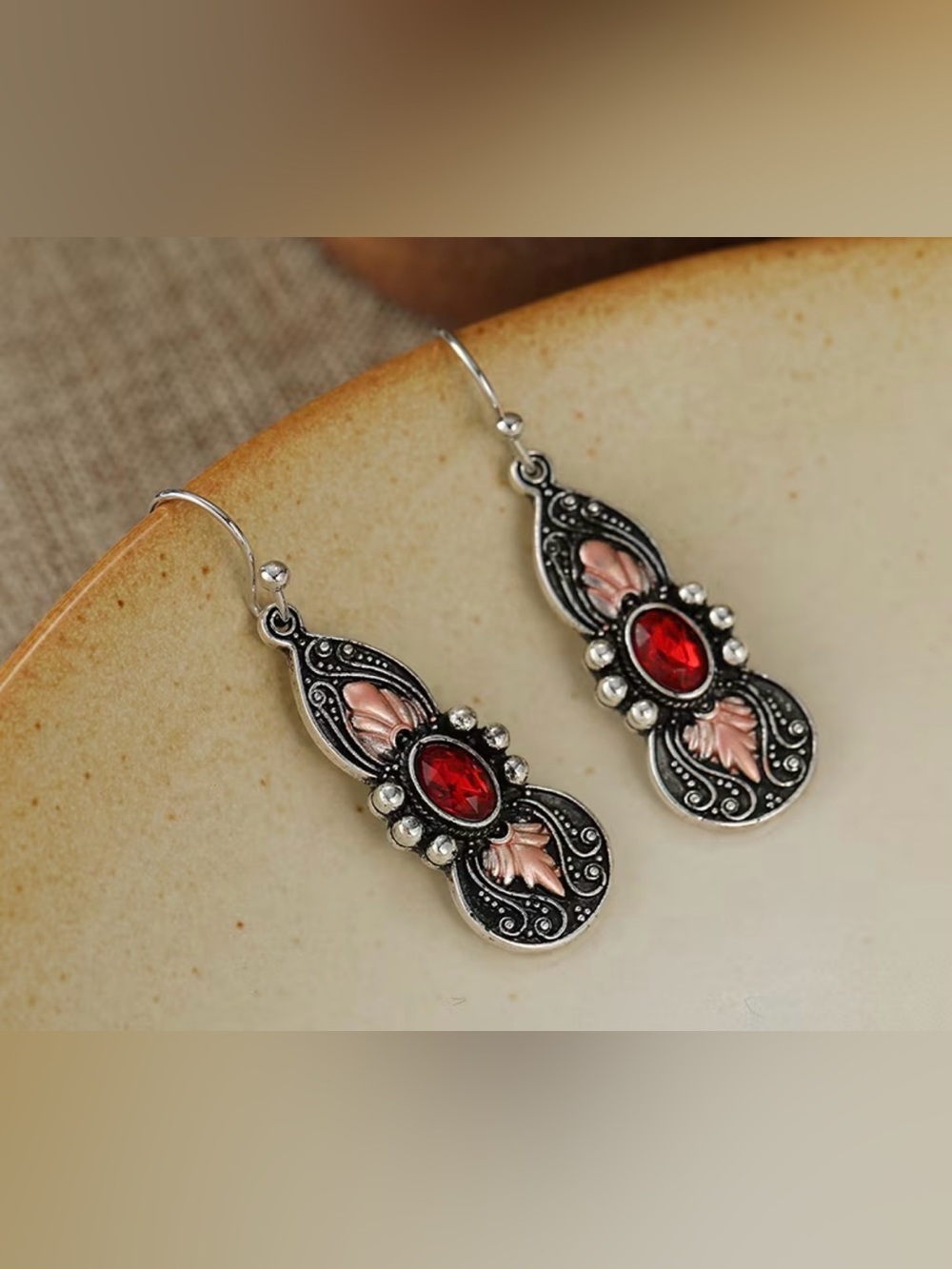 Western Earrings Red Gem Drop Earrings with Silver & Rose Accents